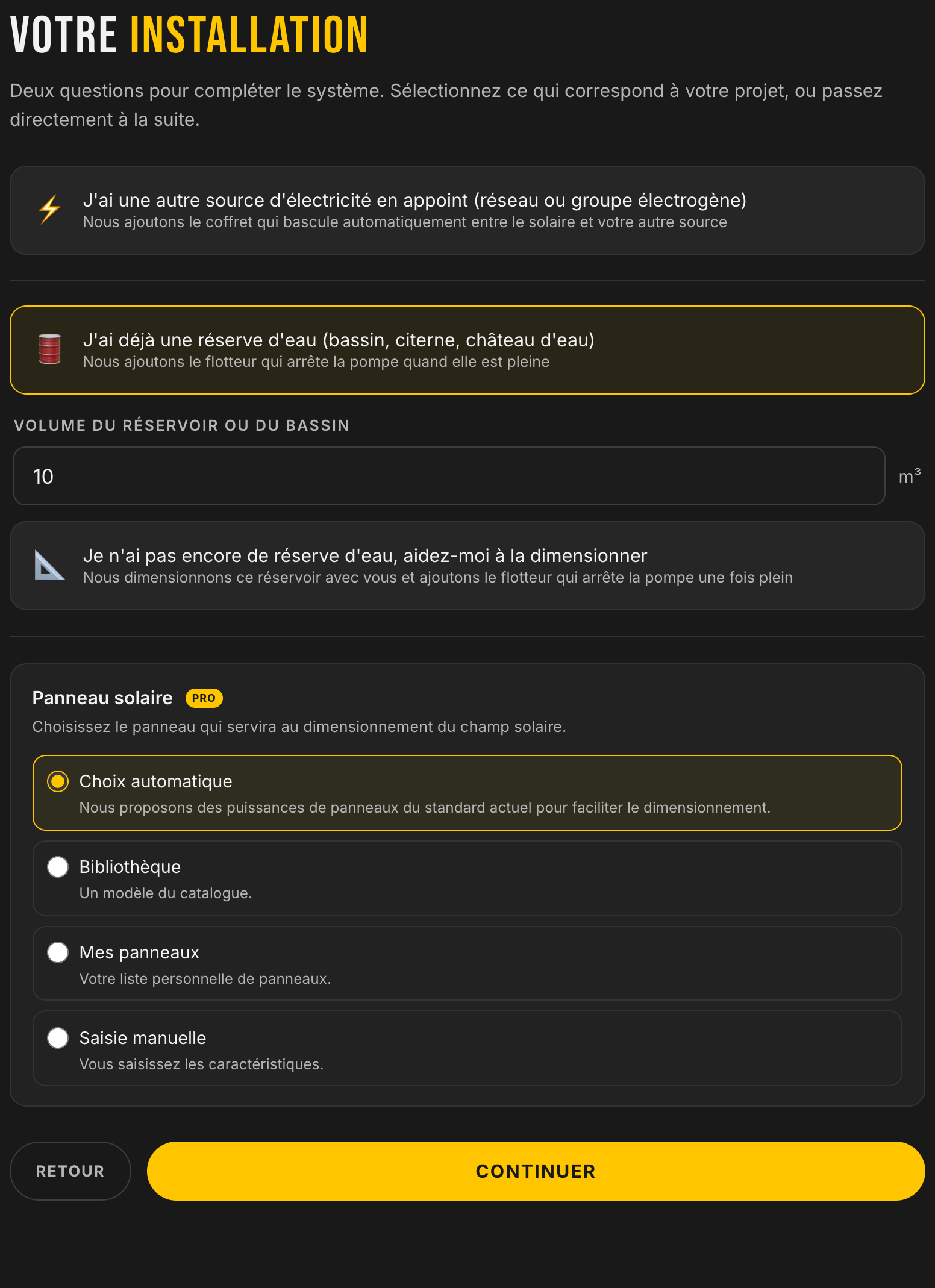 Etapa 6 da aplicação: apoio elétrico, reserva de água existente com o seu volume ou reserva a dimensionar, e escolha do painel solar, uma função pro com quatro modos