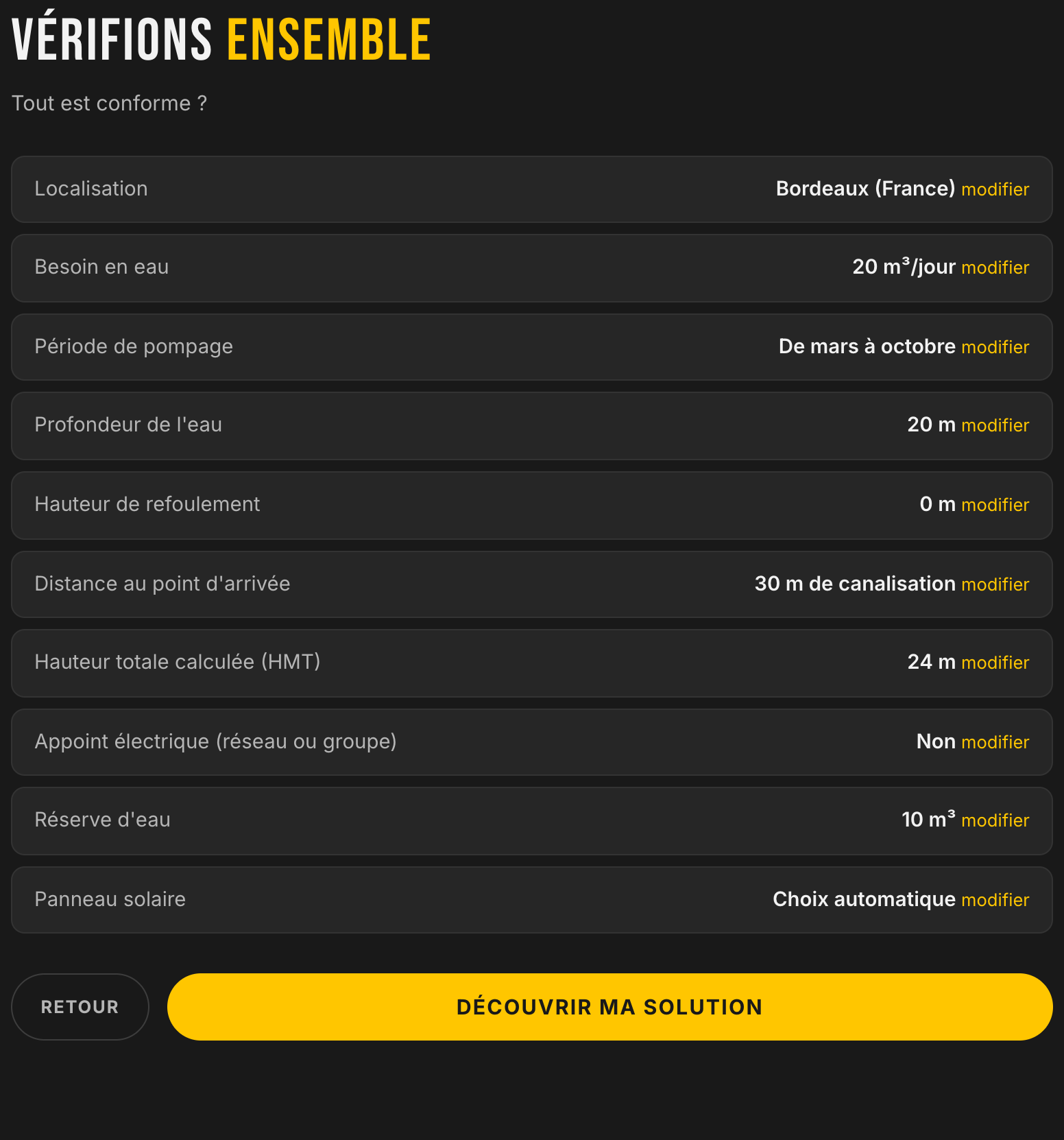 Etapa 7 da aplicação: resumo das respostas (localização, necessidade de água, período de bombagem, profundidade, canalização, reserva de água, painel solar) com a altura manométrica total calculada, antes de lançar o cálculo