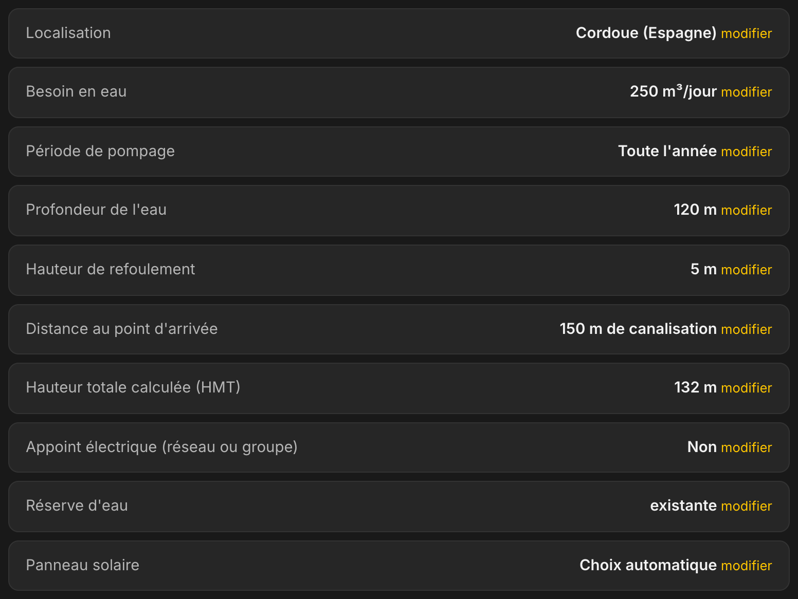 Récapitulatif de l'étude dans LE LAB : Cordoue en Espagne, 250 m³ par jour, profondeur 120 m, refoulement 5 m, 150 m de canalisation, hauteur manométrique totale calculée 132 m, sans appoint électrique
