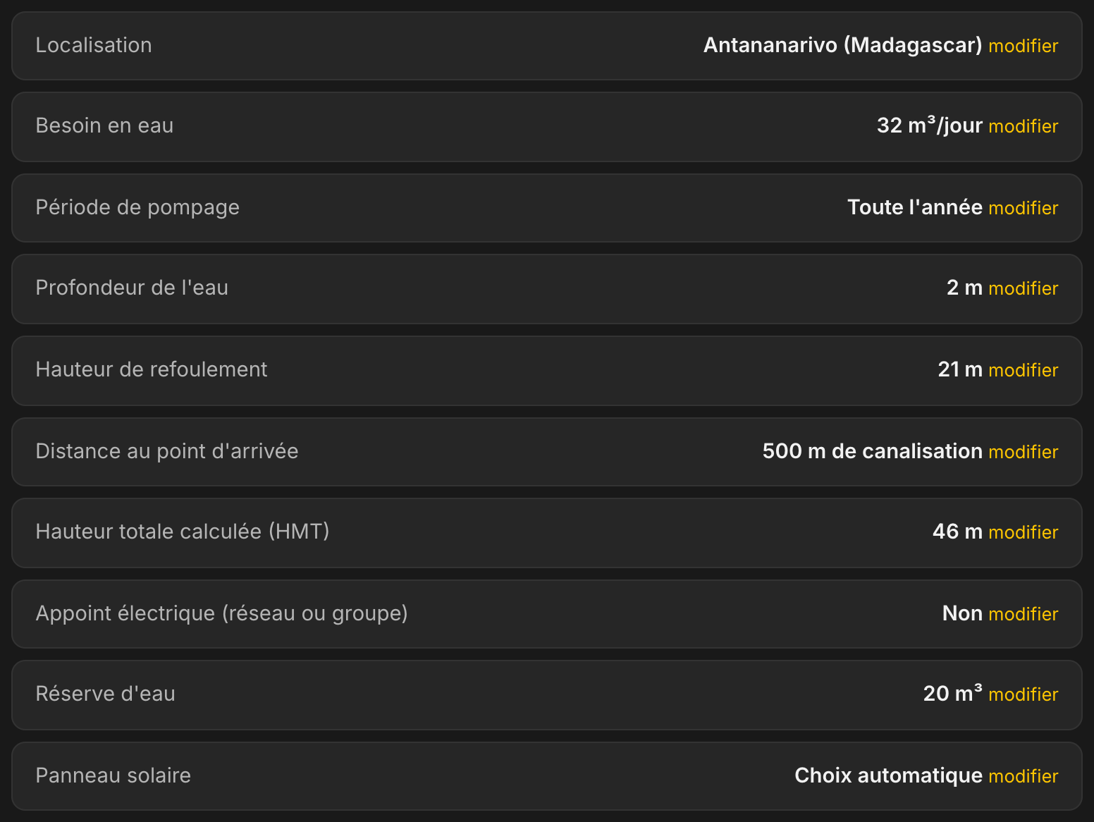 Récapitulatif de l'étude dans LE LAB : Antananarivo, 32 m³ par jour toute l'année, profondeur 2 m, refoulement 21 m, 500 m de canalisation, HMT calculée 46 m, pas d'appoint électrique, réserve d'eau 20 m³