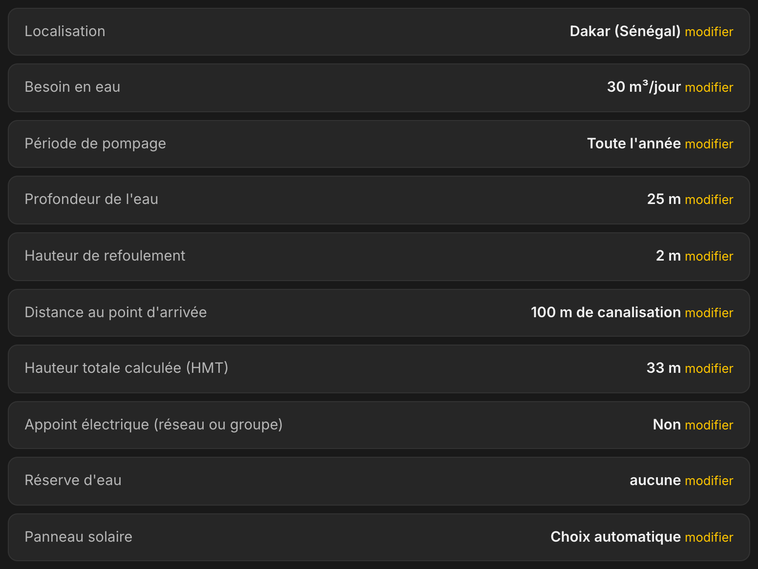 Récapitulatif de l'étude dans LE LAB : Dakar, 30 m³ par jour toute l'année, profondeur 25 m, refoulement 2 m, 100 m de canalisation, HMT calculée 33 m, pas d'appoint électrique, aucune réserve d'eau