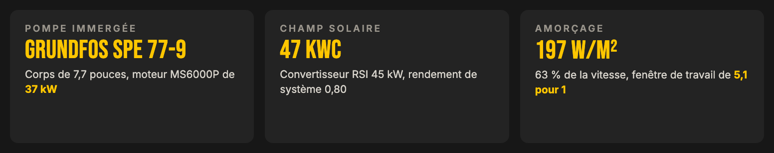 Caso teórico do LE LAB sobre um conjunto GRUNDFOS SPE 77-9 com variador RSI de 45 kW, campo de 47 kWp, arranque a 197 W/m²