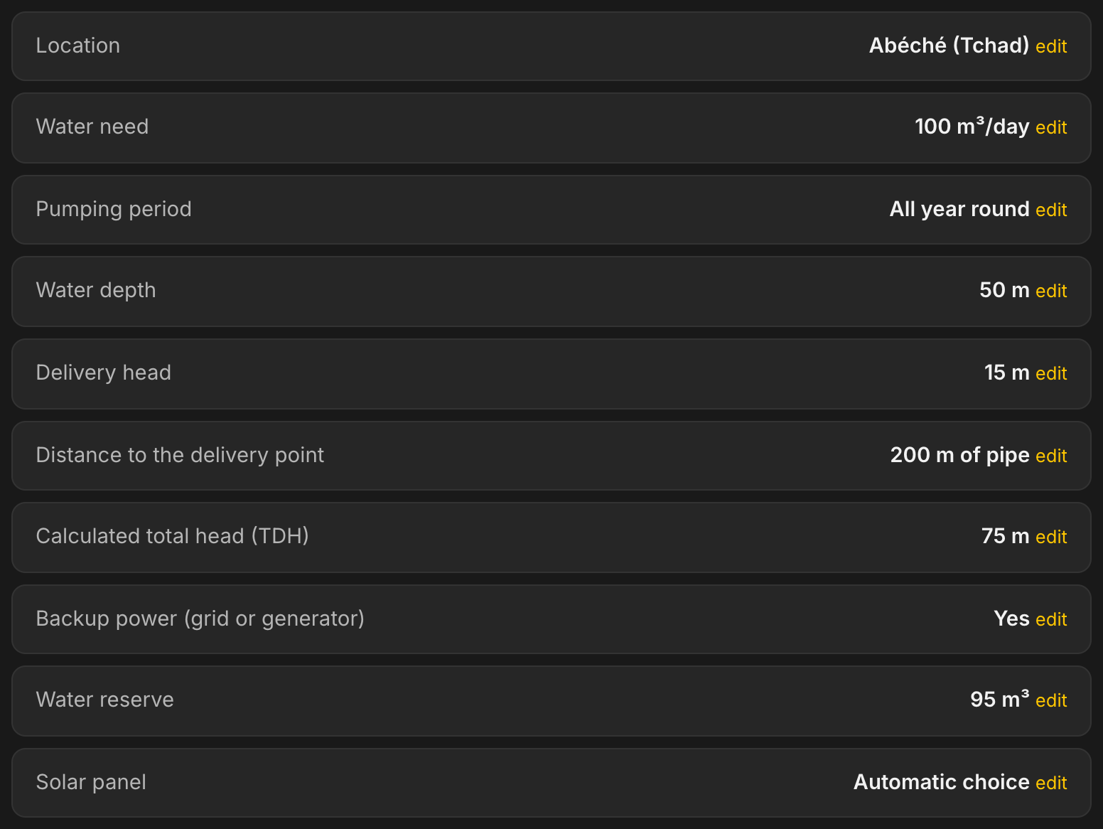 Resumo do estudo no LE LAB: Abéché, 100 m³ por dia todo o ano, profundidade 50 m, elevação 15 m, 200 m de canalização, altura manométrica total calculada 75 m, apoio elétrico sim, reserva de água 95 m³