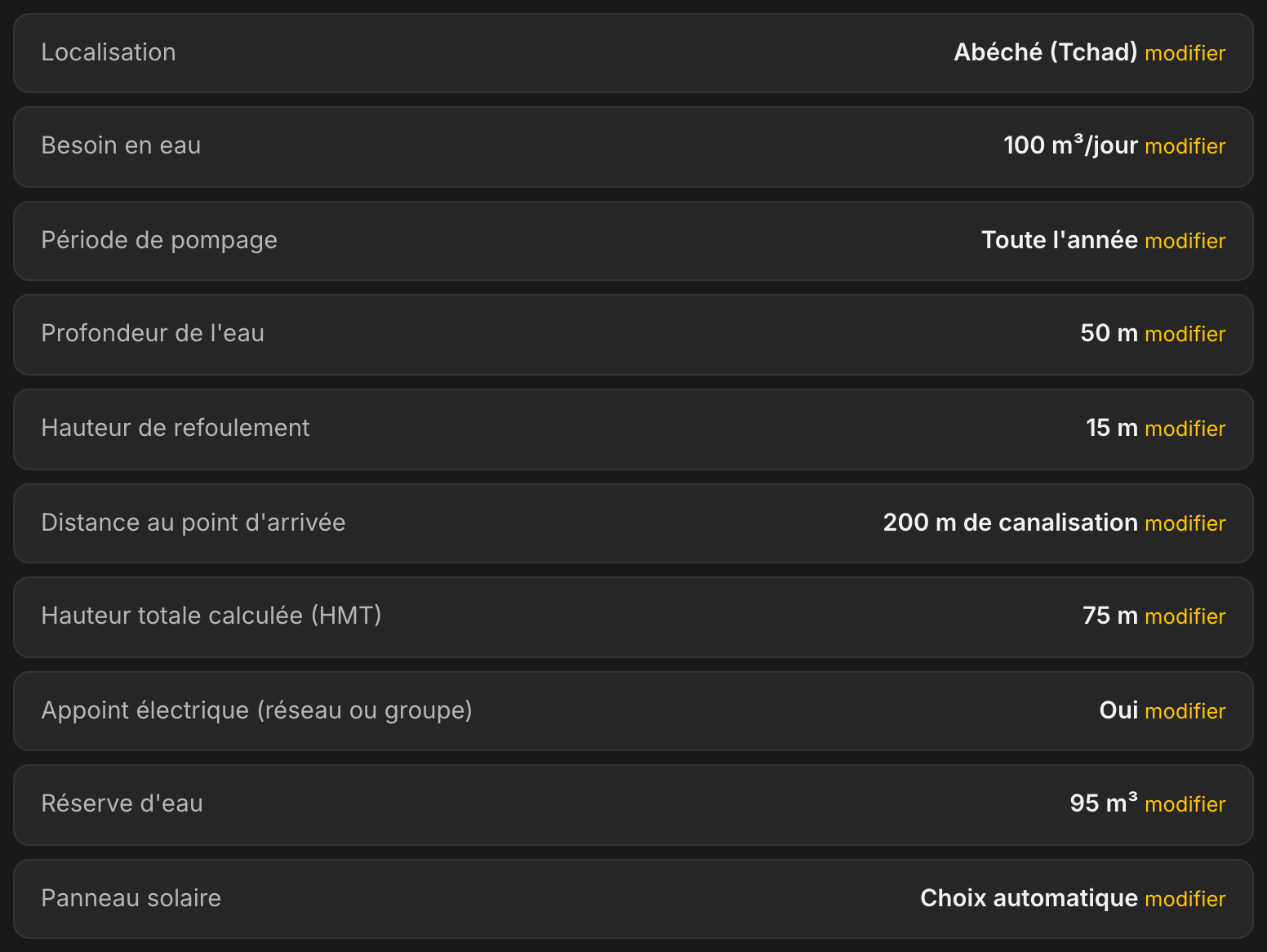 Récapitulatif de l'étude dans LE LAB : Abéché, 100 m³ par jour toute l'année, profondeur 50 m, refoulement 15 m, 200 m de canalisation, HMT calculée 75 m, appoint électrique oui, réserve d'eau 95 m³