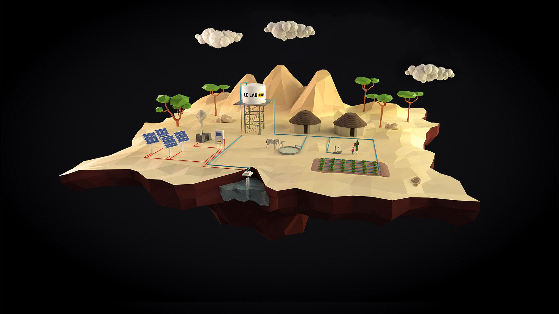 Illustration 3D d'une installation de pompage solaire SINES : panneaux photovoltaïques, château d'eau et irrigation